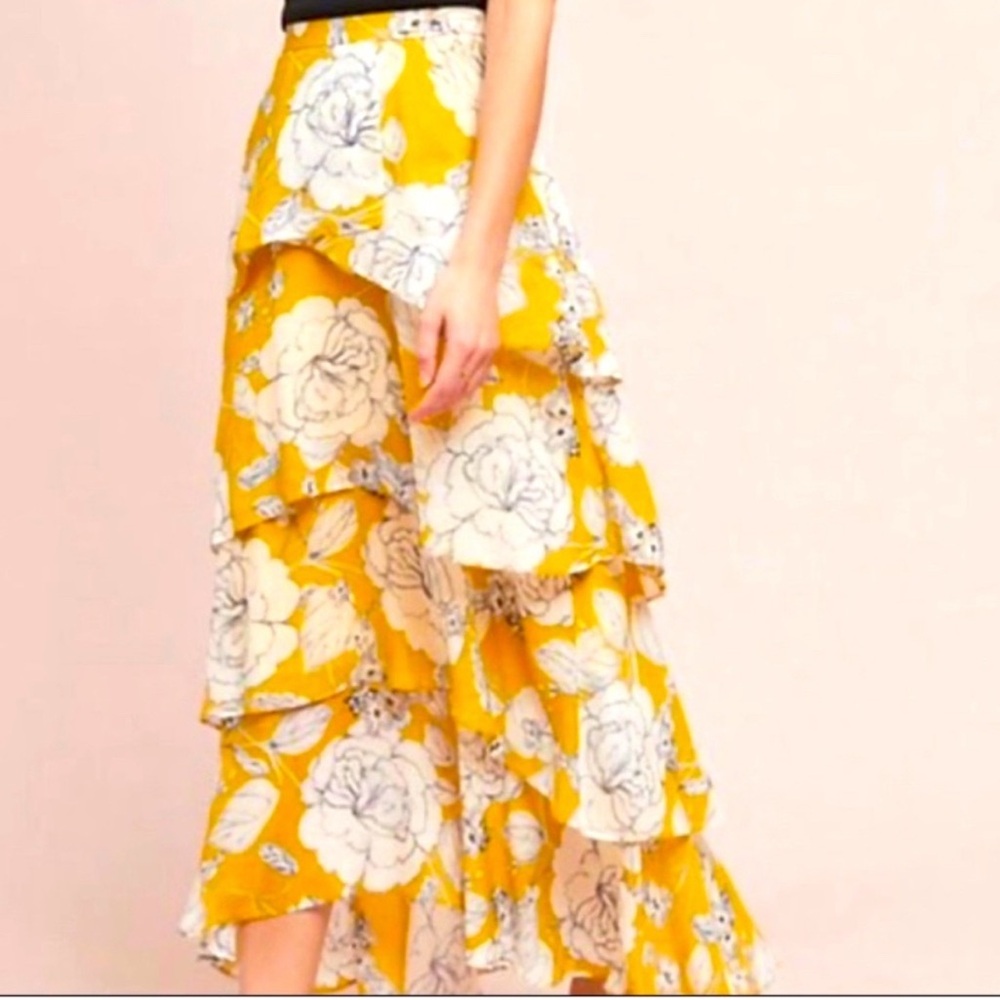Anthropologie Yellow and Gray Floral Midi Skirt